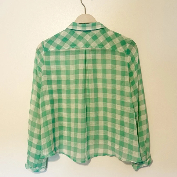 FREE PEOPLE Semi Sheer Gingham Blouse Button Up Top Green White High Low Small - Picture 5 of 12